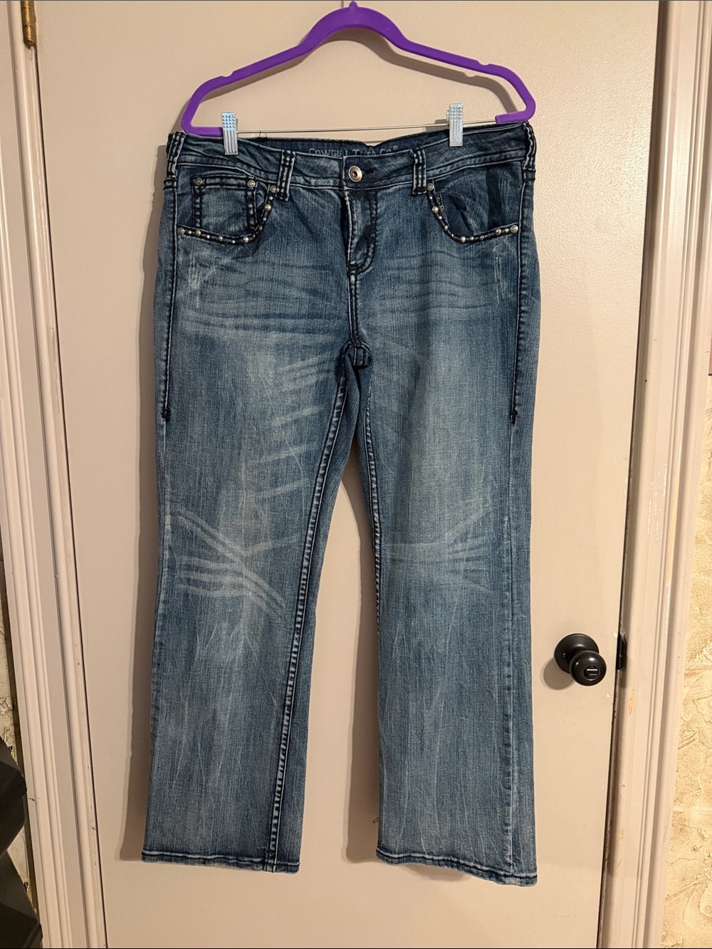 Cowgirl Tuff Medium Blue Boot Cut Jeans with Beaded Pocket Trim